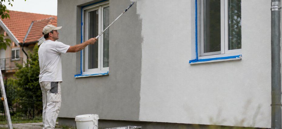 Krečenje fasade valjkom u hladu — siva podloga i završna bela fasadna boja