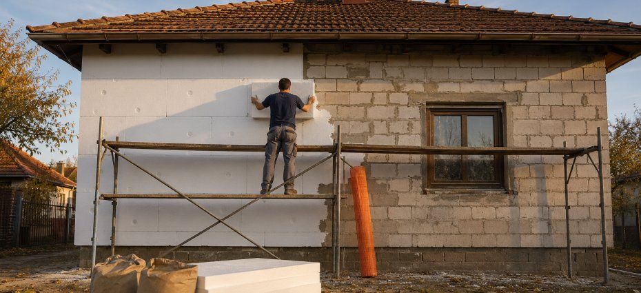 Postavljanje belog fasadnog stiropora na kuću — skela i rolna narandžaste fasadne mrežice