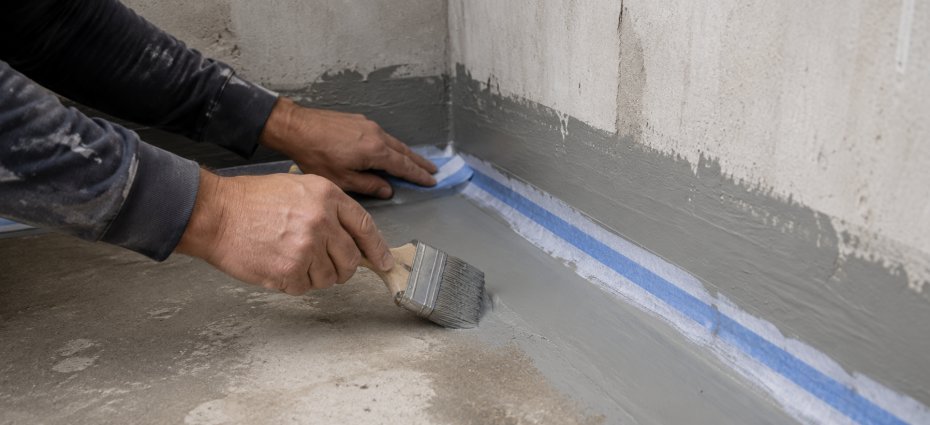 Nanošenje sivog hidroizolacionog premaza četkom na pod kupatila, sa trakom u uglu